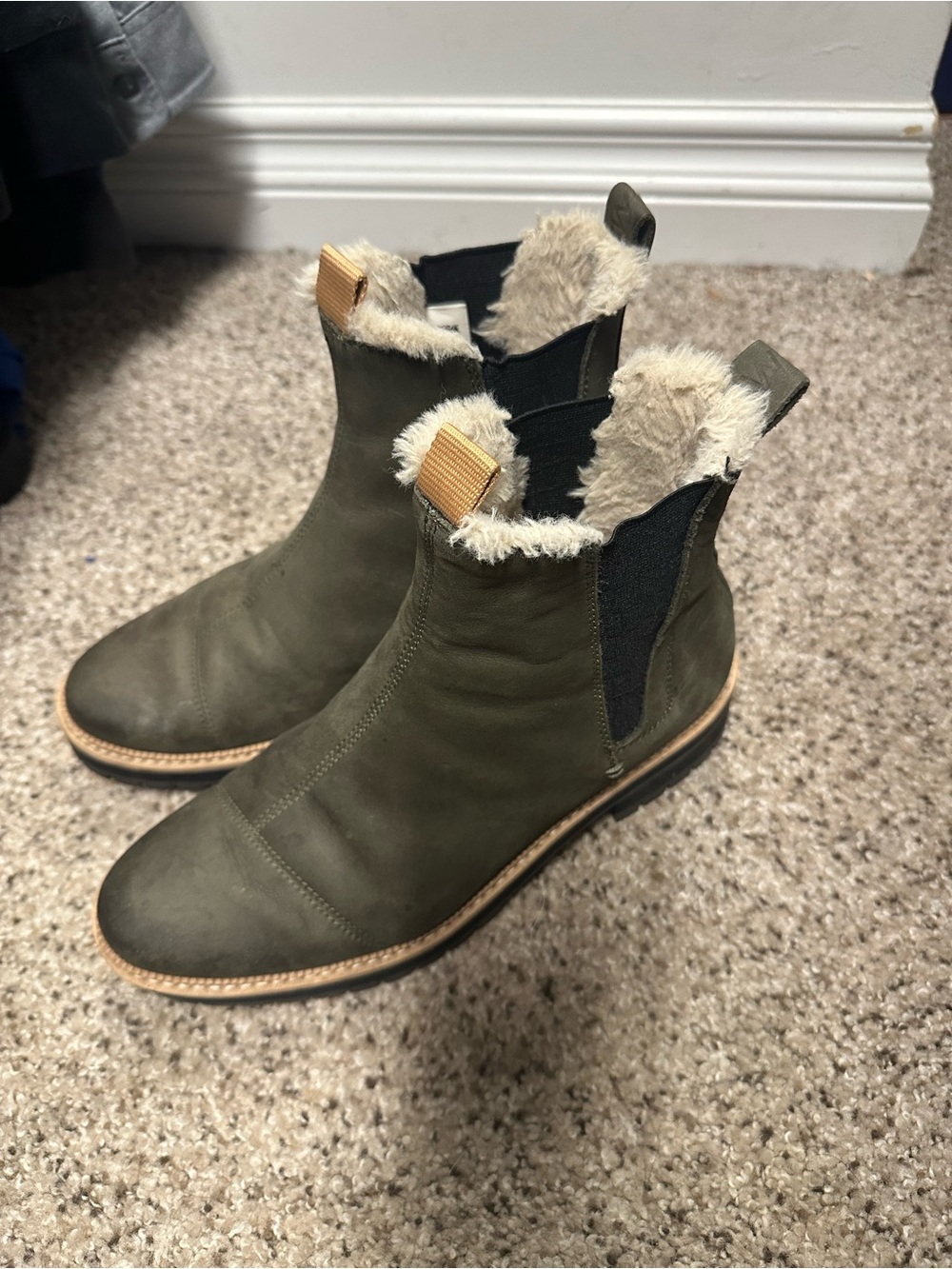 Toms Olive Green Faux-Fur Chelsea Booties